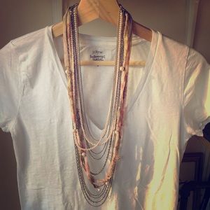 Silver Statement Necklace Faux Pearls Pink Fabric